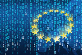 Eine stilisierte europäische Flagge mit Datenströmen im Hintergund